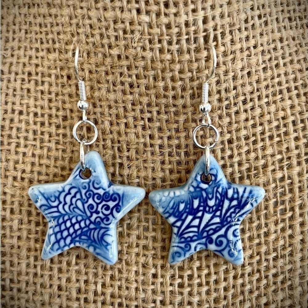 Handcrafted artisan handmade Ceramic Star Earrings Sterling Silver Wire blue